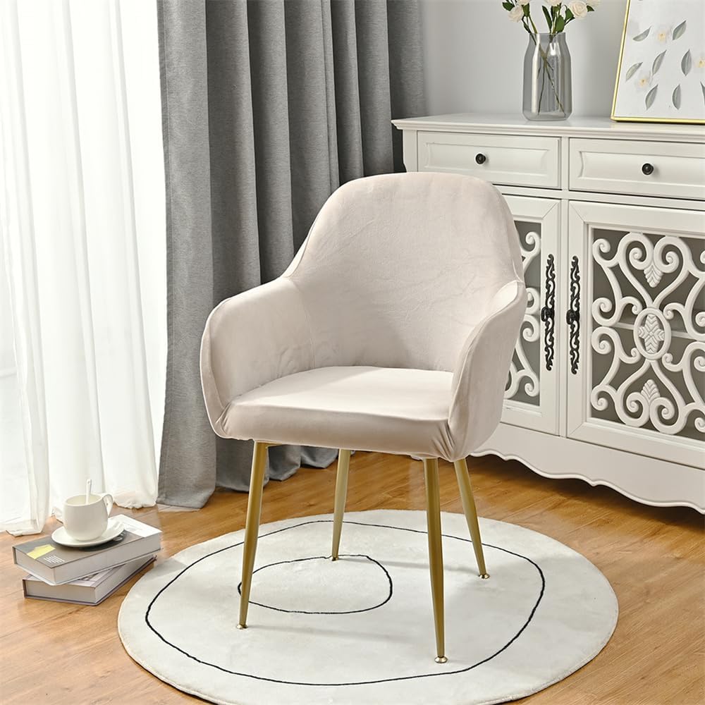 Highdi Soft Velvet Dining Chair Covers Solid Color Stretch Curved Back Chair Slipcovers with Armrest, Vanity Swivel Armchair Cover Removable Washable for Bedroom Party Hotel (Champagne,6 PCS)