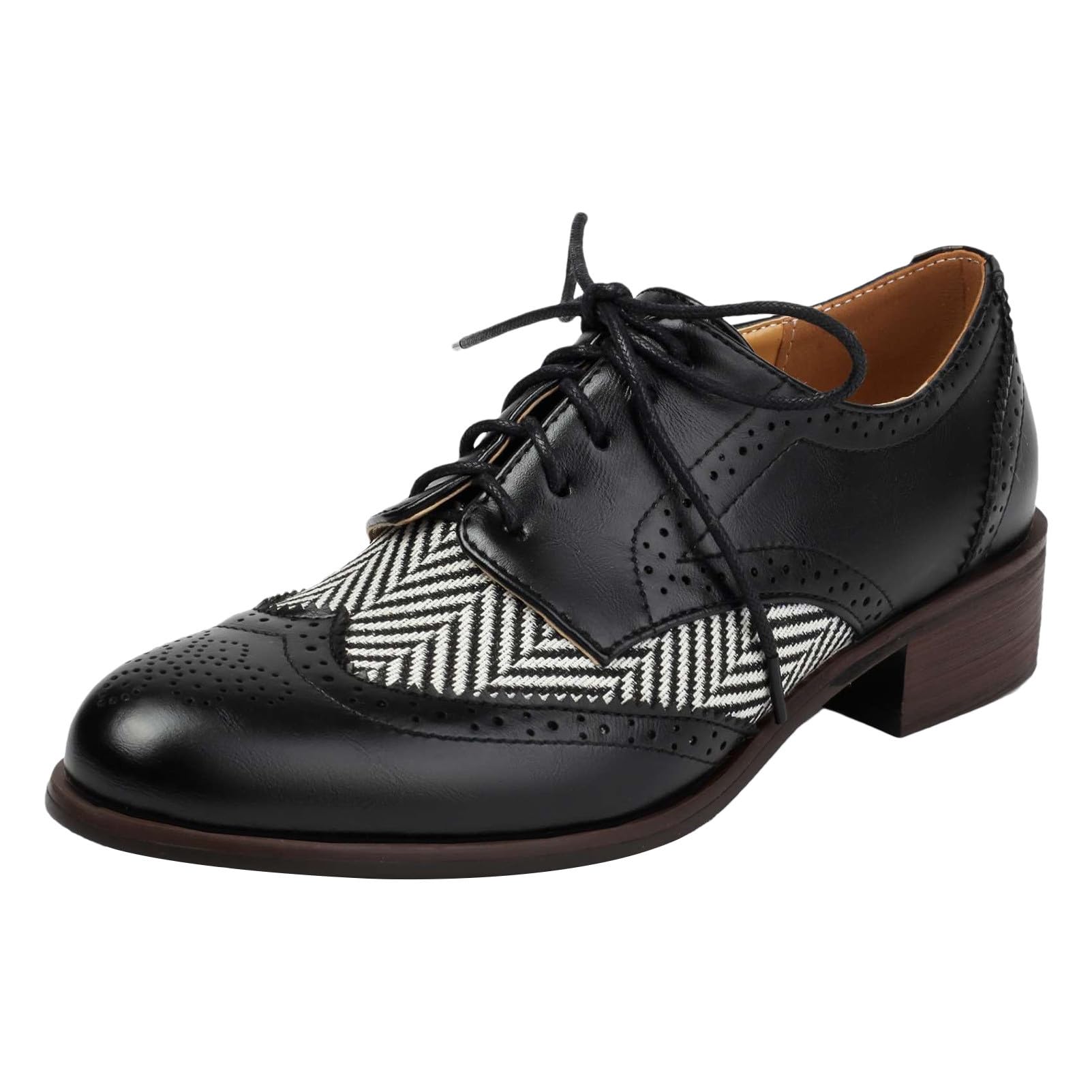 rismart Donna Classico Stringato Wingtips Tacco Grosso Contrastante Oxfords Scarpe Eleganti