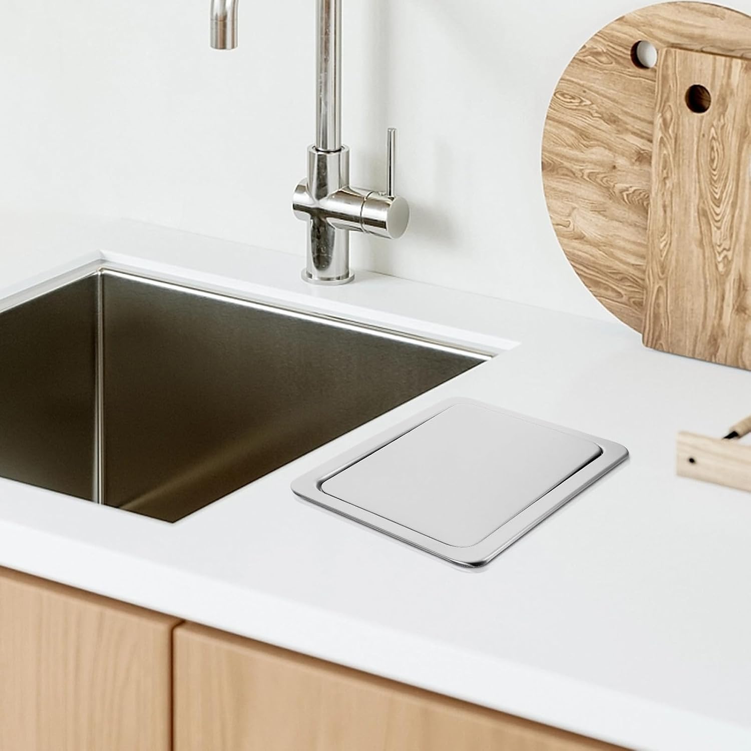 Stainless Steel Recessed Trash Can Lid with Swinging Flap Cover, Smooth Surface and Easy to Clean, for Home Kitchens and Restaurant Countertops