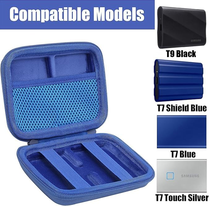 Image of Aenllosi Hard Case for Samsung T9 /T7 Touch /T7 Shield SSD, Blue | Hard shell construction, Water-resistant design, Impact-resistant design, Custom-fit interior