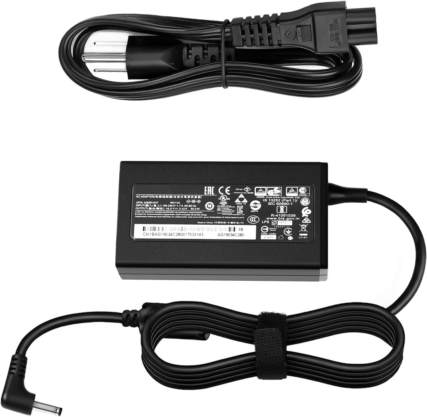 FLGAN 19V Laptop Charger with its power cable and regulatory labels.
