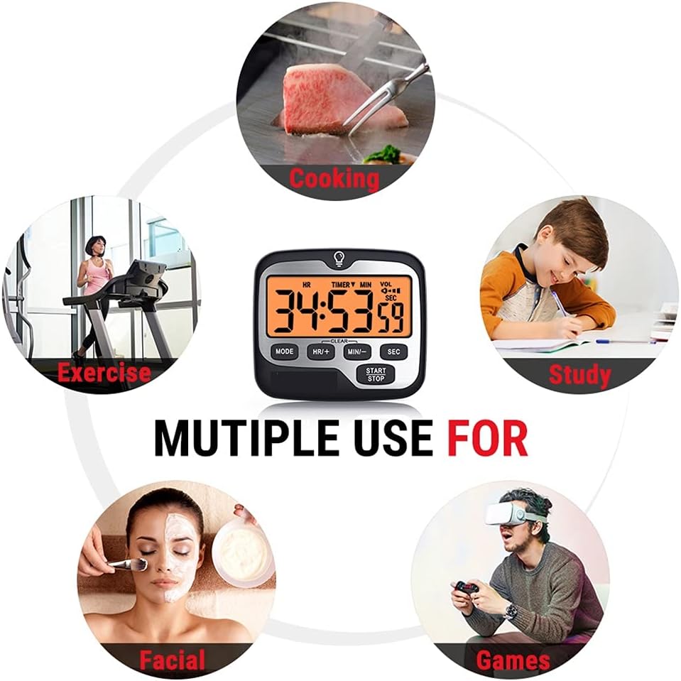 Digital Cooking Kitchen Timer with Large Backlight Display Countup Countdown and Clock Function