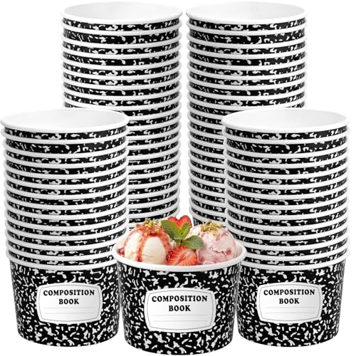Image of Funnymoom 50 Pack Back to School Paper Ice Cream Cups 9 oz Black White Composition Book Disposable Dessert Bowl First Day of School Soup Bowls for Preschool Kindergarten Graduation End of Year Party