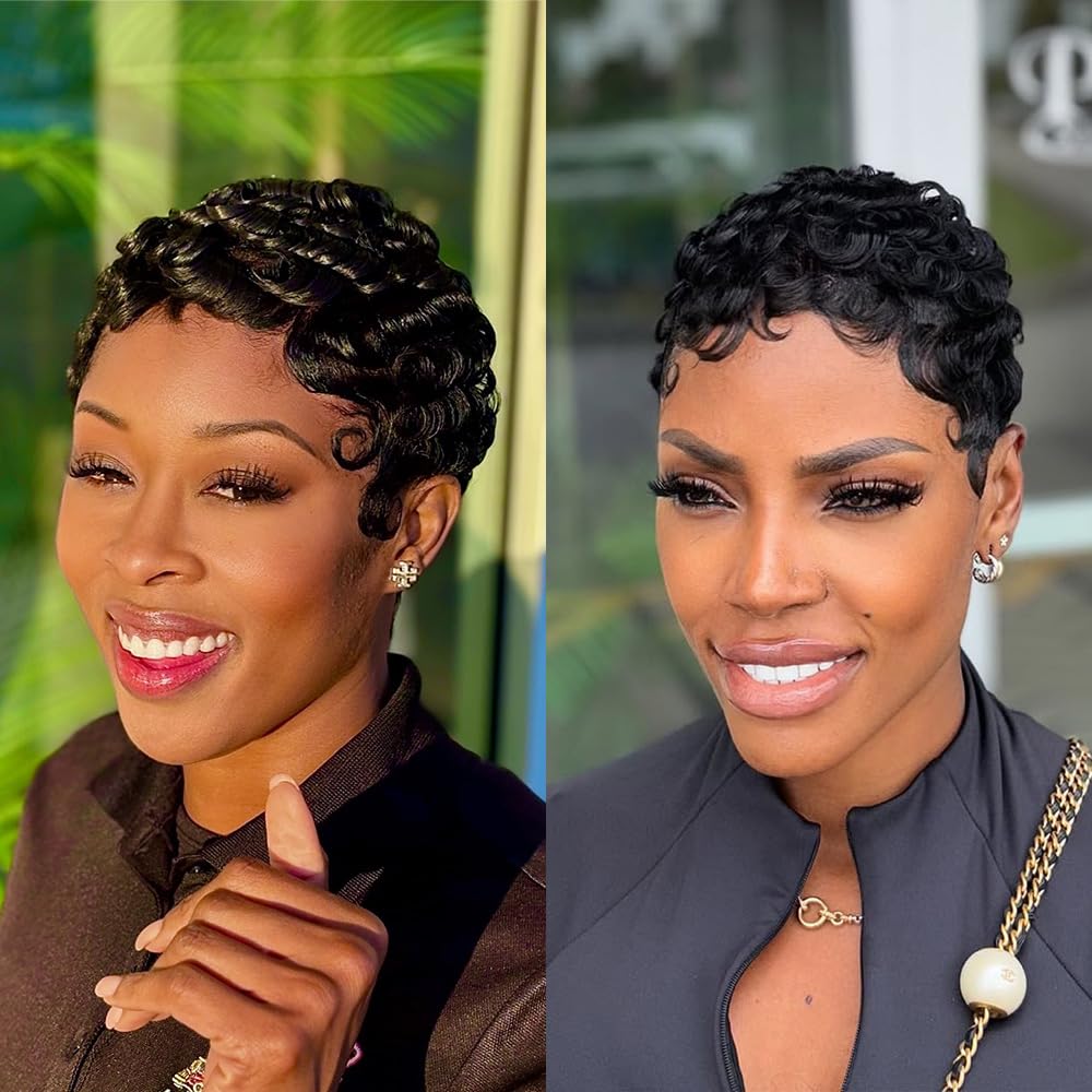 Pixie Cut Wig For Black Women Short Layered Curly Wavy Pixie Cut Human Hair Wigs Brazilian Virgin Human Hair Glueless Women Wigs With Bangs Natural Black Color for Daily Use（Black