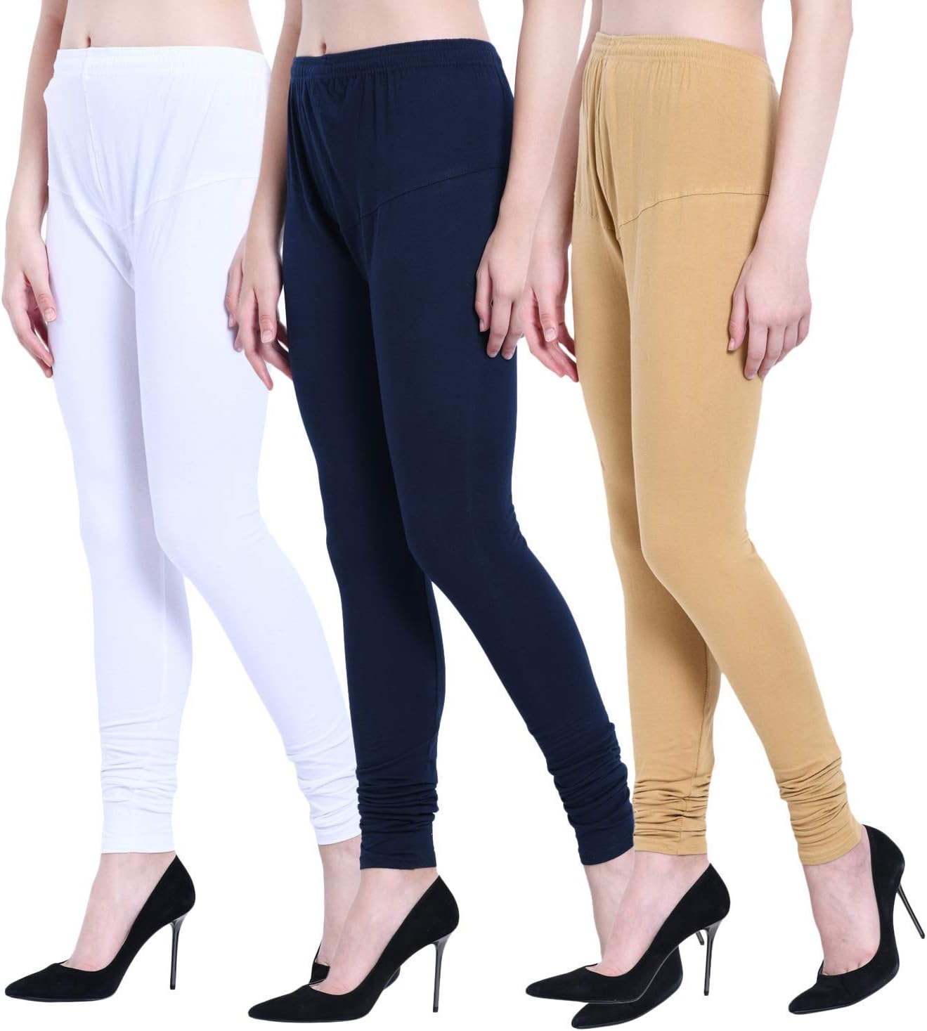GenericCombo Set of Leggings for Womens and Girls Cotton Slim Fit Multicolour Leggings(Three Piece, Color :- Cream, White, Black)