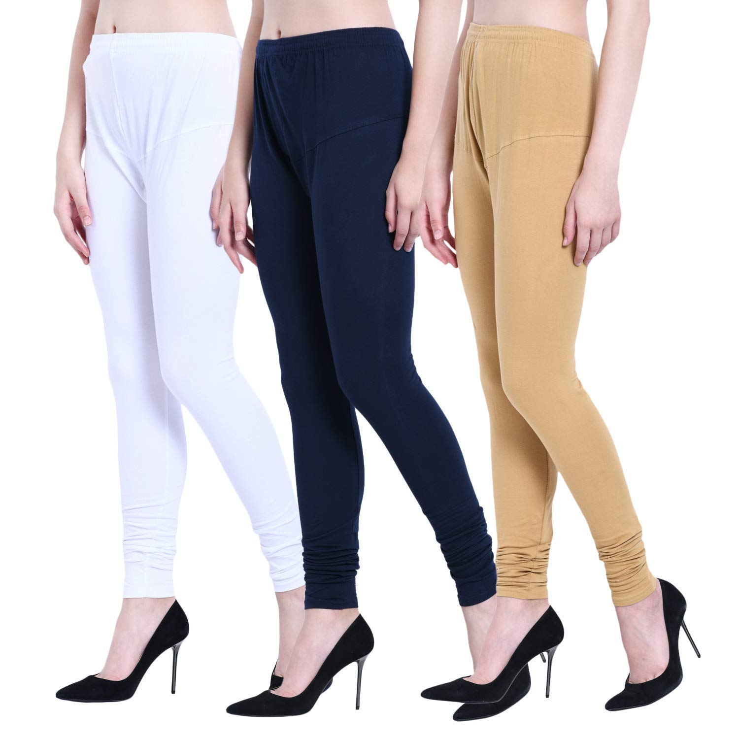 GenericCombo Set of Leggings for Womens and Girls Cotton Slim Fit Multicolour Leggings(Three Piece, Color :- Cream, White, Black)