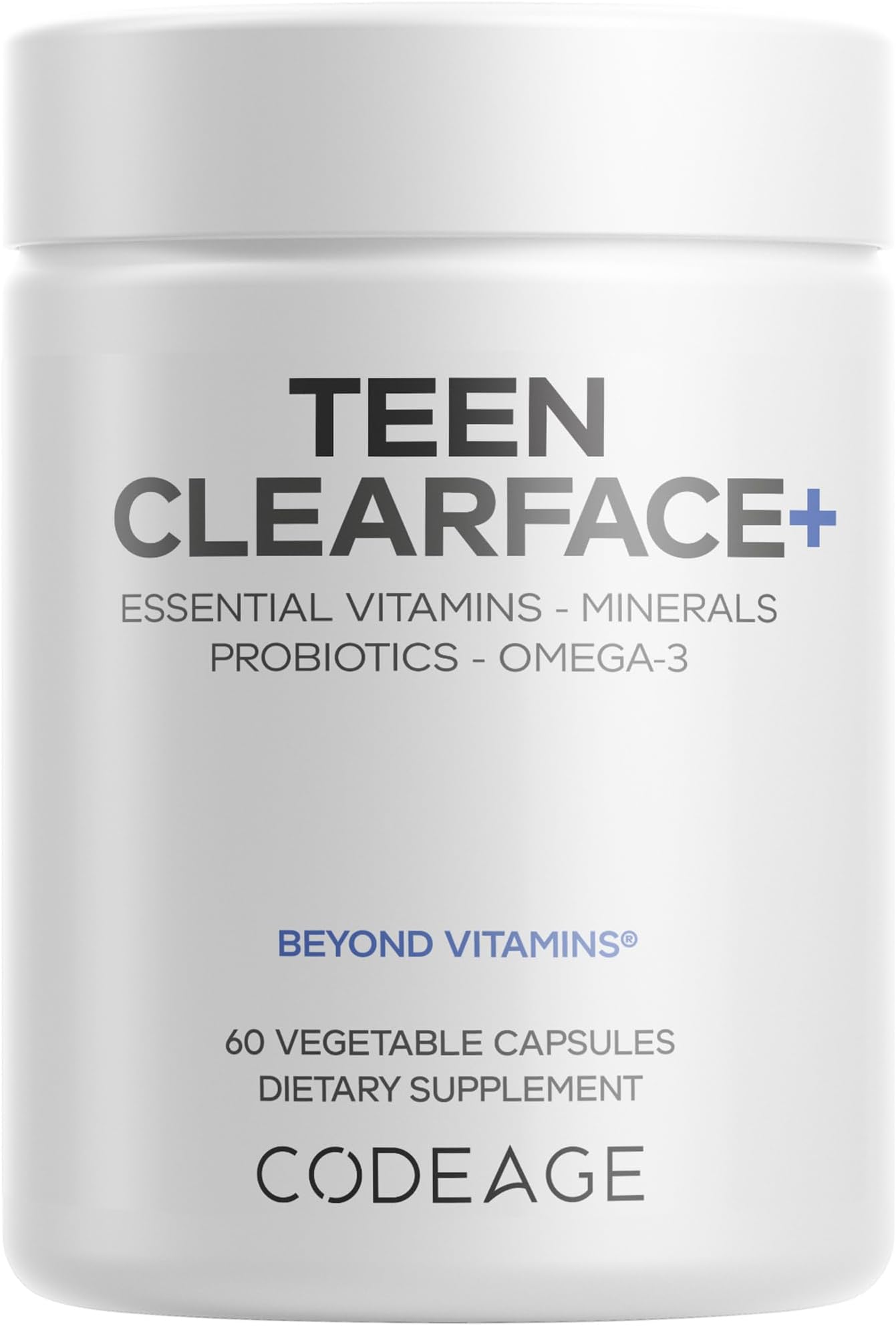 Teen Clearface Adolescent Face, Skin & Pimples, Vitamins A, C, D3, E, Pantothenic Acid, Niacin, Zinc Supplement Teenagers, Probiotics, L-Lysine, Omega-3, Oily Skin, Pores, Spots - 60 Capsules