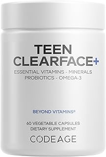 Codeage Teen Clearface Adolescent Face, Skin & Pimples, Vitamins A, C, D3, E, Pantothenic Acid, Niacin, Zinc Supplement Teenagers, Probiotics, L-Lysine, Omega-3, Oily Skin, Pores, Spots - 60 Capsules