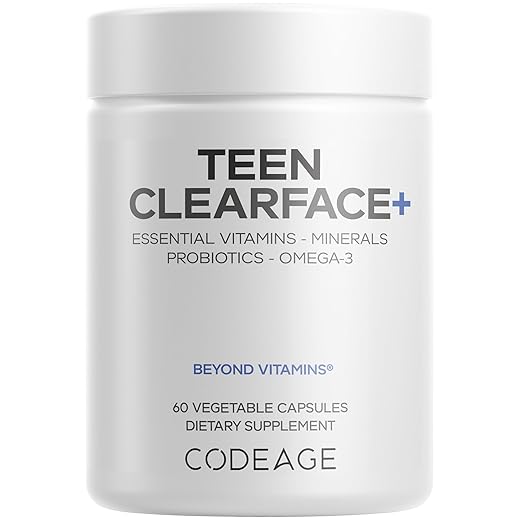 Codeage Teen Clearface Adolescent Face, Skin & Pimples, Vitamins A, C, D3, E, Pantothenic Acid, Niacin, Zinc Supplement Teenagers, Probiotics, L-Lysine, Omega-3, Oily Skin, Pores, Spots - 60 Capsules