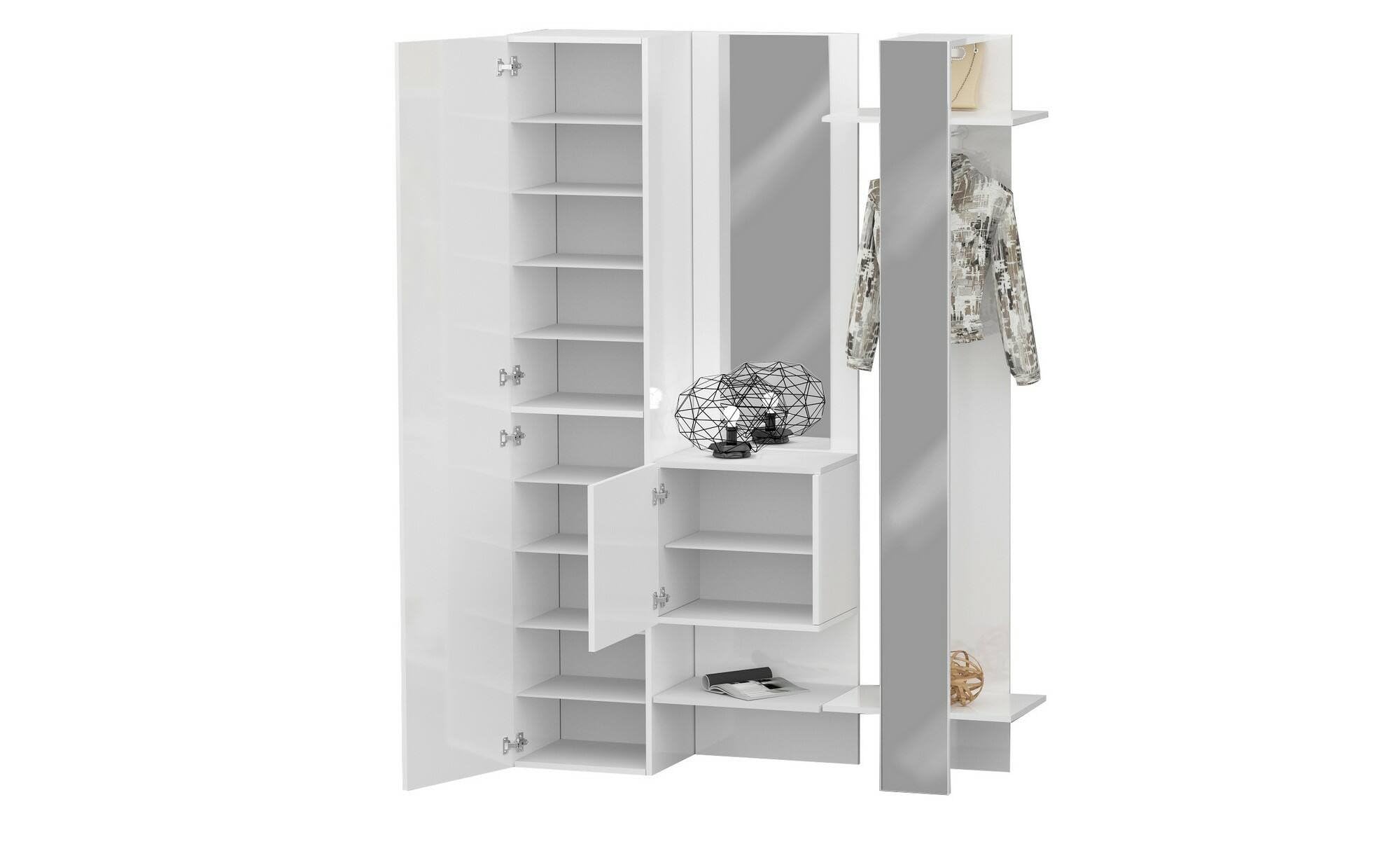 Dmora - Mobile da ingresso Vilmaro, Armadietto multifunzione a 2 ante, Appendiabiti da parete con 2 specchi, 140x35h190 cm, Bianco