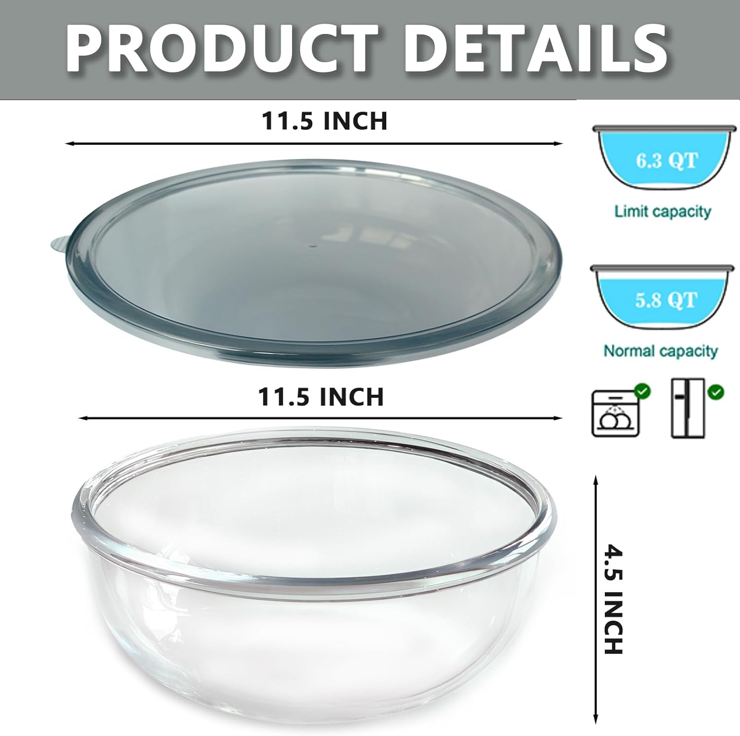 6.3Quart Large Glass Mixing Bowl with Lid, Clear Large Salad Bowls Glass Big Mixing Bowls for Kitchen - Image 2