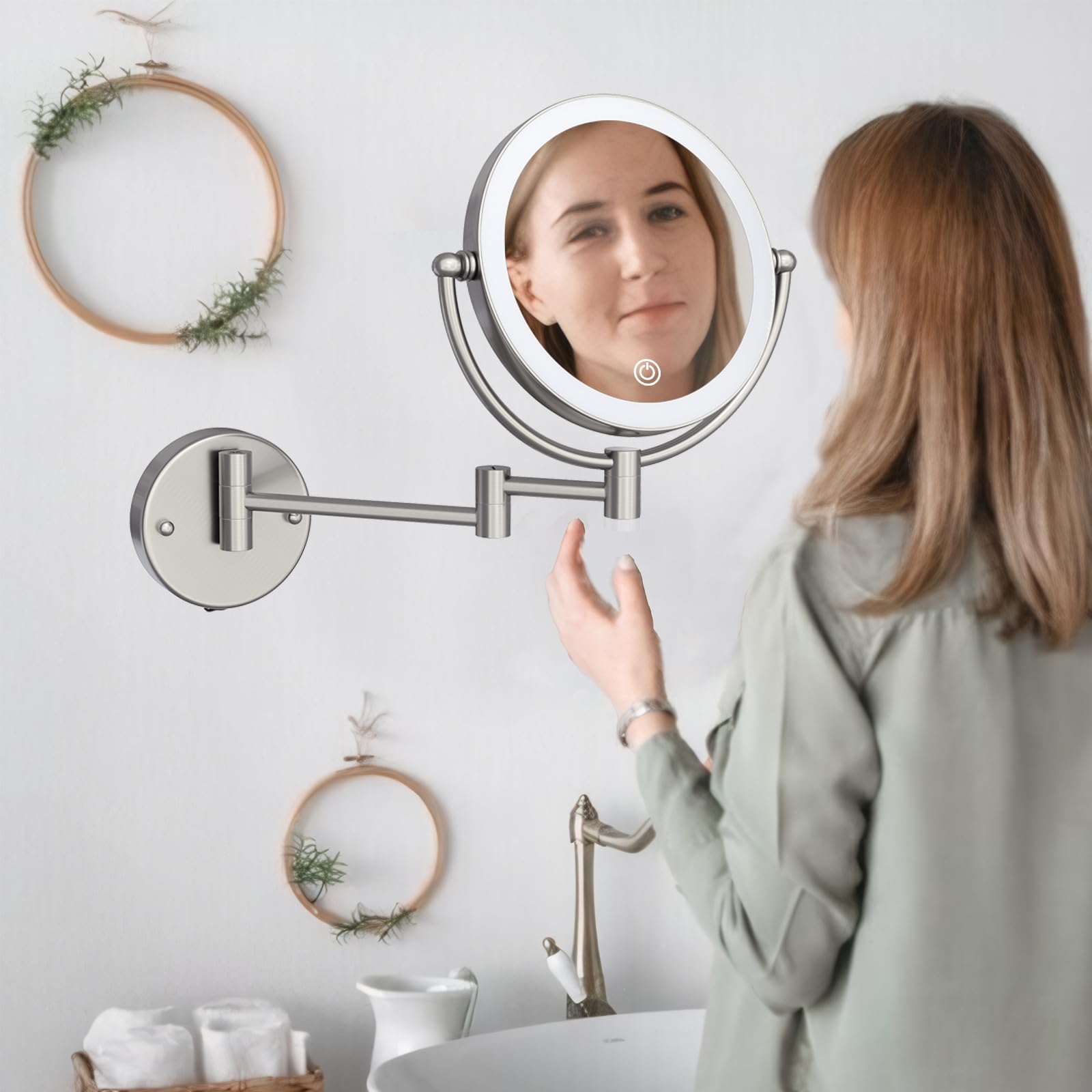 Espejo de maquillaje conectado fijo con luz, aumento de pared de doble cara espejo de baño de 20 cm 10 x aumento 3 colores iluminación espejo de afeitar
