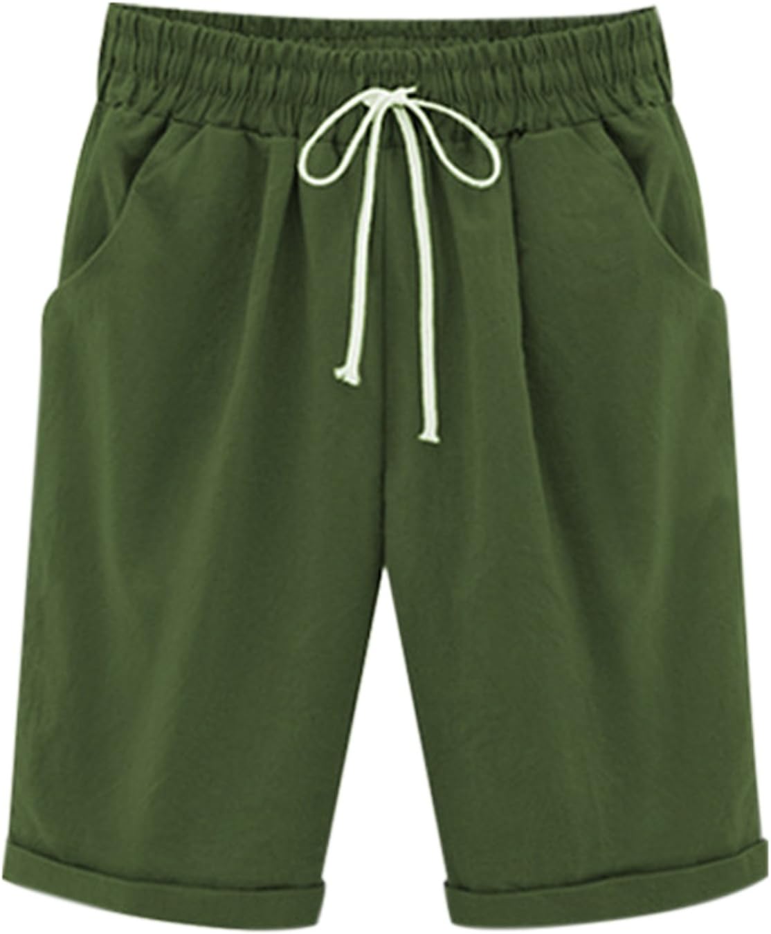 PetalumWomen's Casual Summer Shorts Drawstring Elastic Waist Knee Length Curling Jersey Bermuda Shorts