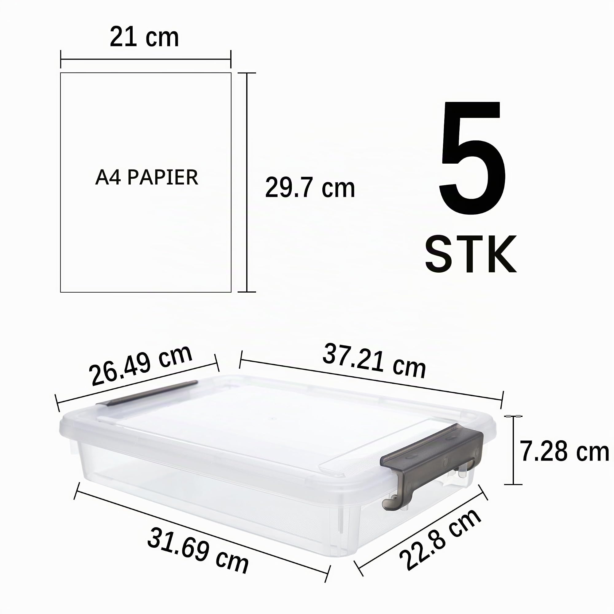 Citylife 4.5L-5er Set Aufbewahrungsbox mit Deckel Klein, Plastic Storage Bins transparente File Box für die Organisation von A4 Papier, Foto, Dokument, Büro, 37x26x7cm