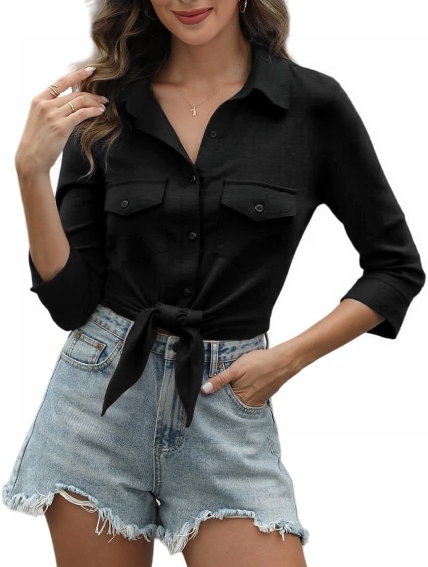 Women Tie Front Button Down Shirt V Neck 3/4 Sleeve Cotton Cropped Top with Pockets for Work Vacation Daily Wear