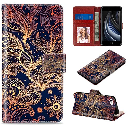 CASEHOME iPhone 7/8 /SE 2020 Wallet Case, Golden Phoenix Mandala Pattern PU Leather Flip Magnetic Cover Case with Card Slot and Stand Holder All-Round Protective Case Compatible with iPhone 7/8/SE2.