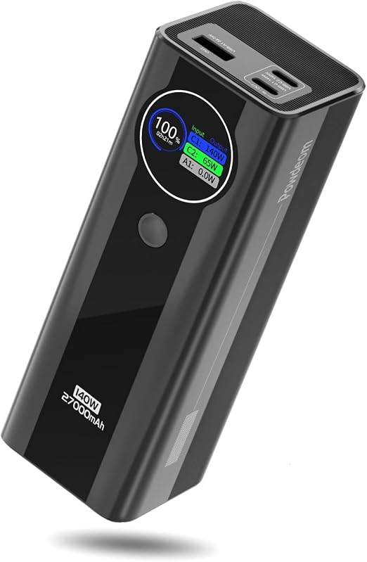 Powdeom 140W Power Bank, 27000mAh 3-Port Portable Laptop Charger, Smart Digital Display, 140W USB C Fast Recharge, PD3.1 Battery Pack for iPhone, MacBook, iPad, Samsung, Steam Deck etc