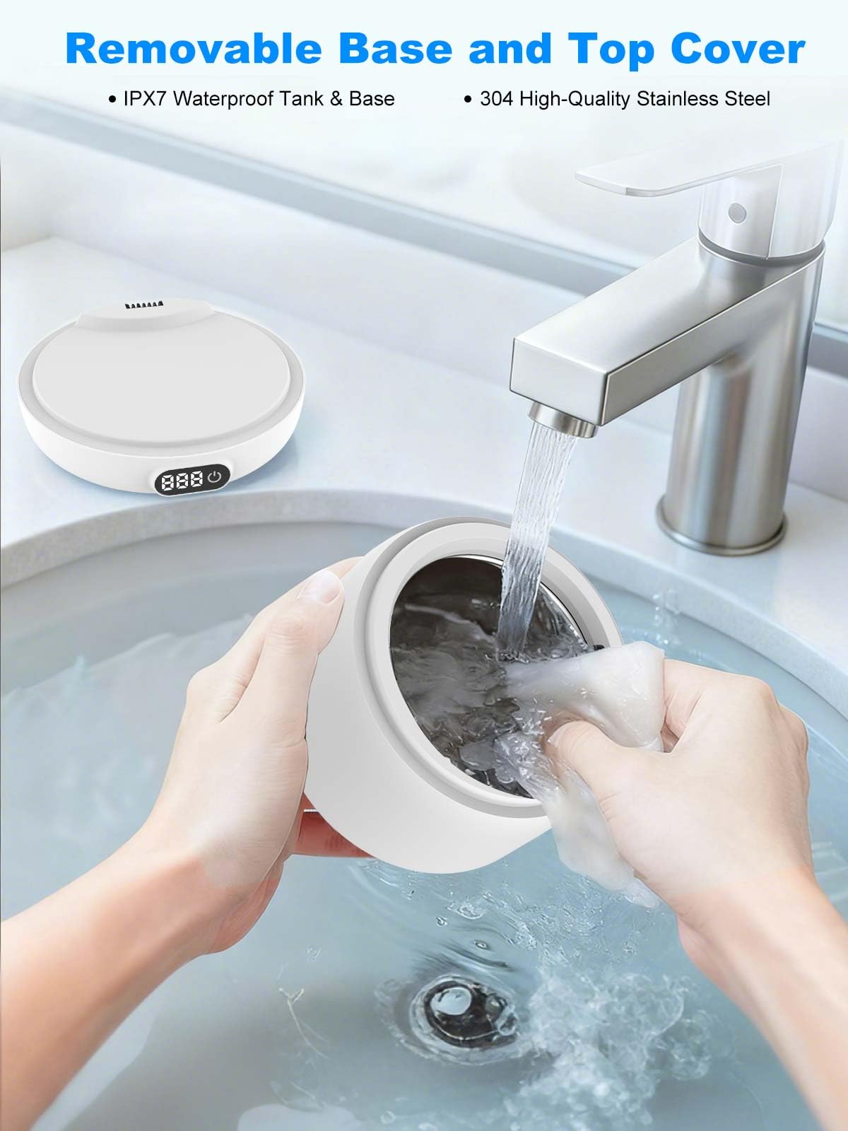 Voraiya Nettoyeur Ultrasons Dentaire IPX7 Etanche Ultrasonic Cleaner Base & Dental Pod Amovible Nettoyant Ultrason avec 2 UV Lampes pour Prothèses Dentaires, Gouttière Dentaire, Retainer, Bijoux