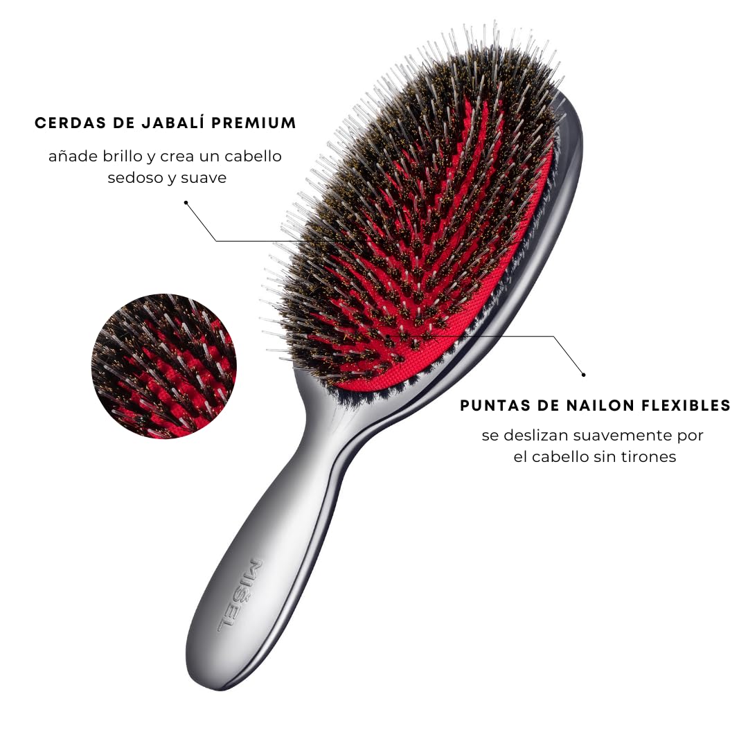 MISEL Cepillo Profesional de Cerdas de Jabalí para Mujeres y Hombres | Desenreda Todo Tipo de Cabello Natural y Extensiones | Reduce la Rotura | Aprobado por Salones | Grande