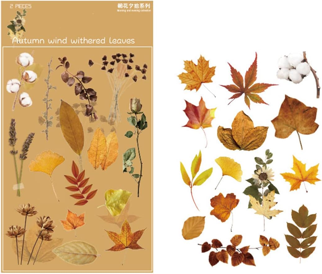 2 Sheets Vintage Autumn Fall Leaves Vinyl Stickers Pack PET Transparent Leaf Stickers with Cotton Maple Leaf Decal Small for Journaling Scrapbooking Wall Crafts Envelopes Water Bottle Cards