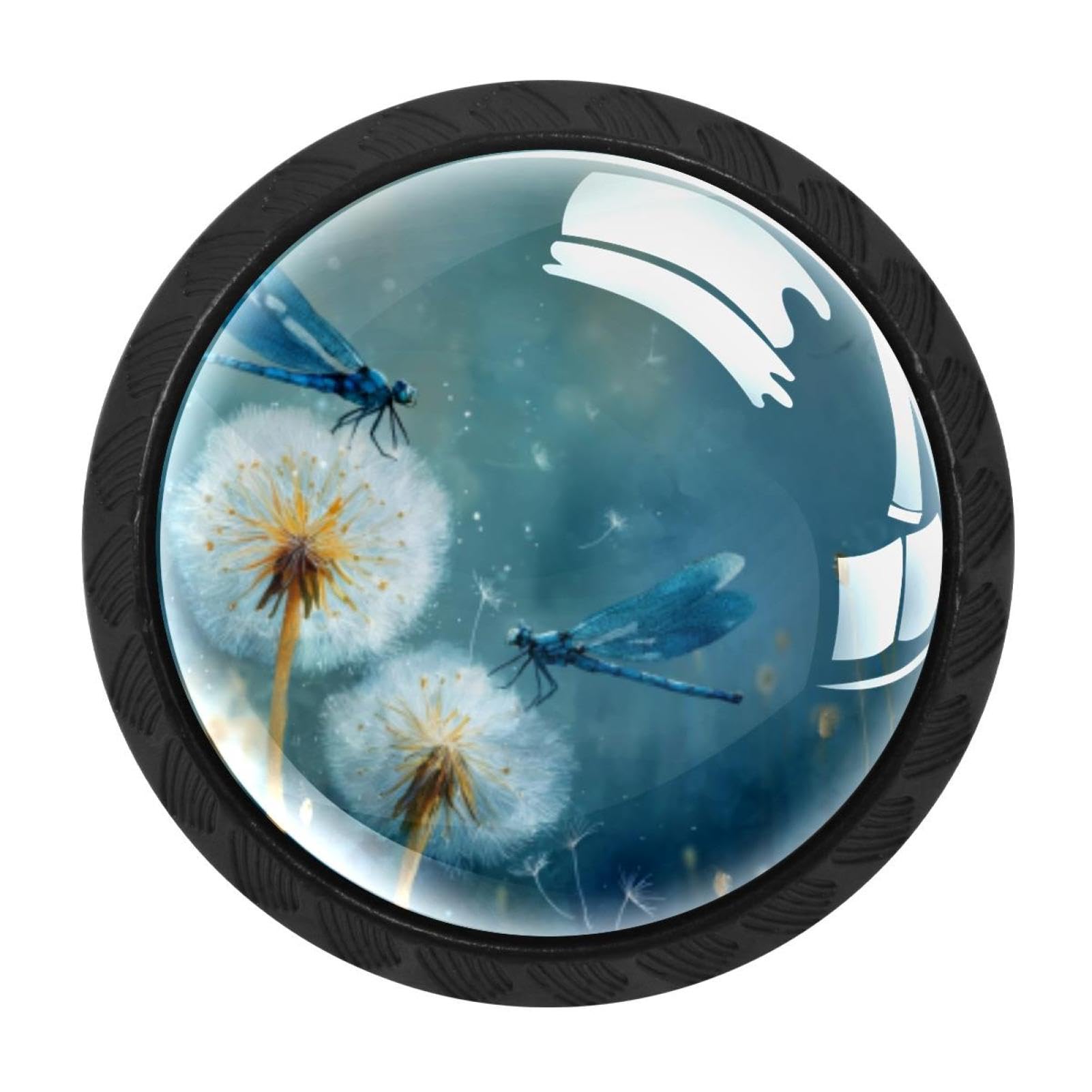 CHENZZZZ 4 Pack Blue Dragonflies Flying Around Dandelion (3) Dresser Drawer Cabinet Knobs Black Round Drawer Knob Pull Handle with Screws for Kitchen Wardrobe Cupboard Furniture Decor
