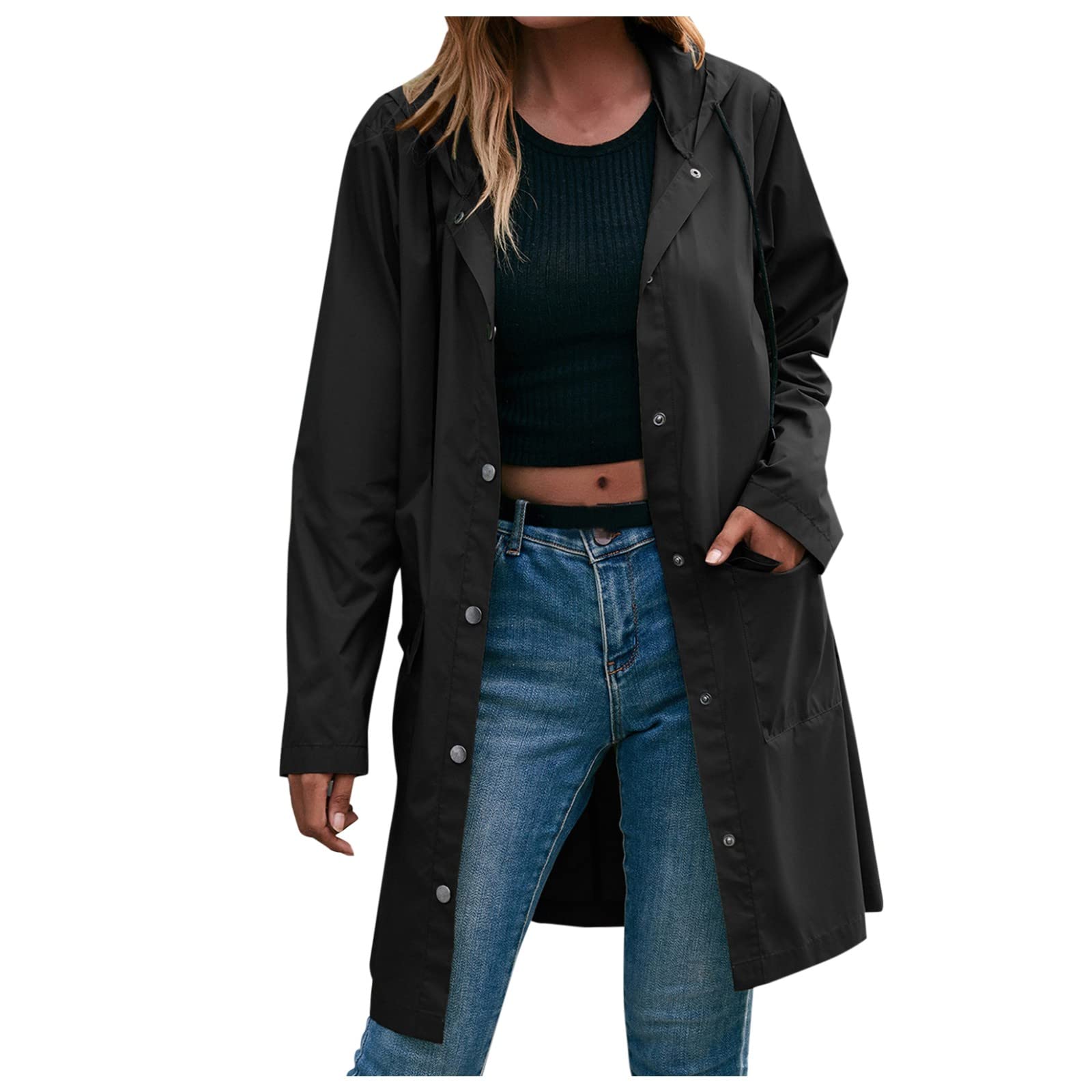 Genérico Poncho Impermeable Mujer - Chubasquero largo femenino impermeable ligero con capucha ajustable elástica y cordón en cintura incluye bolsillos laterales para mujer
