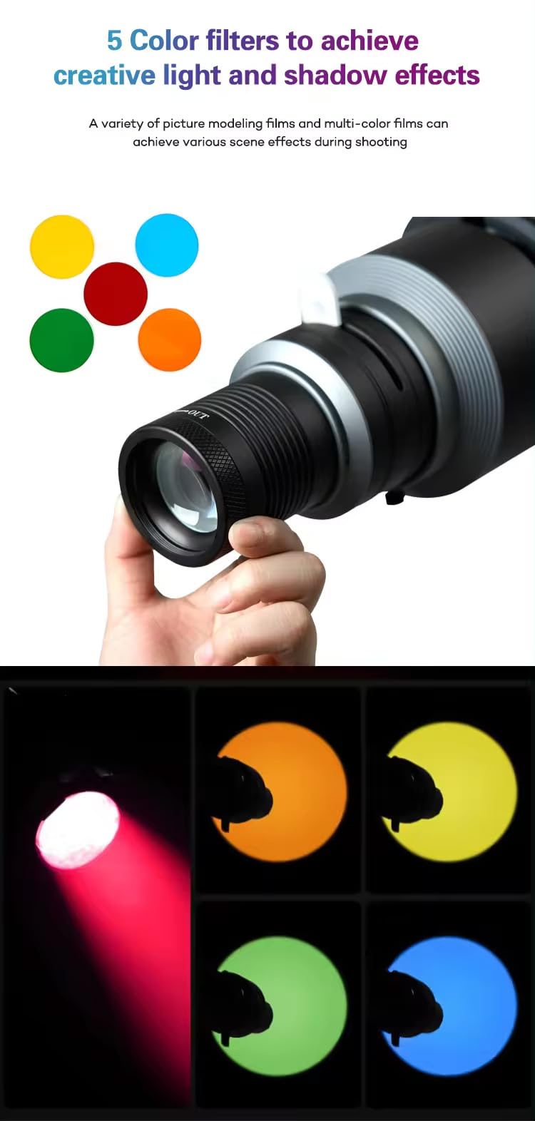 Bowens Mount Spotlight, konisches optisches Snoot-Set, Fotostudio-Beleuchtung, Projektor-Zubehör mit 20 Gobos und 5 Farbfiltern für Aputure Amaran 100DS/XS 200XS/DS 300C/DII/X 60D/XS Godox SL60 AD600