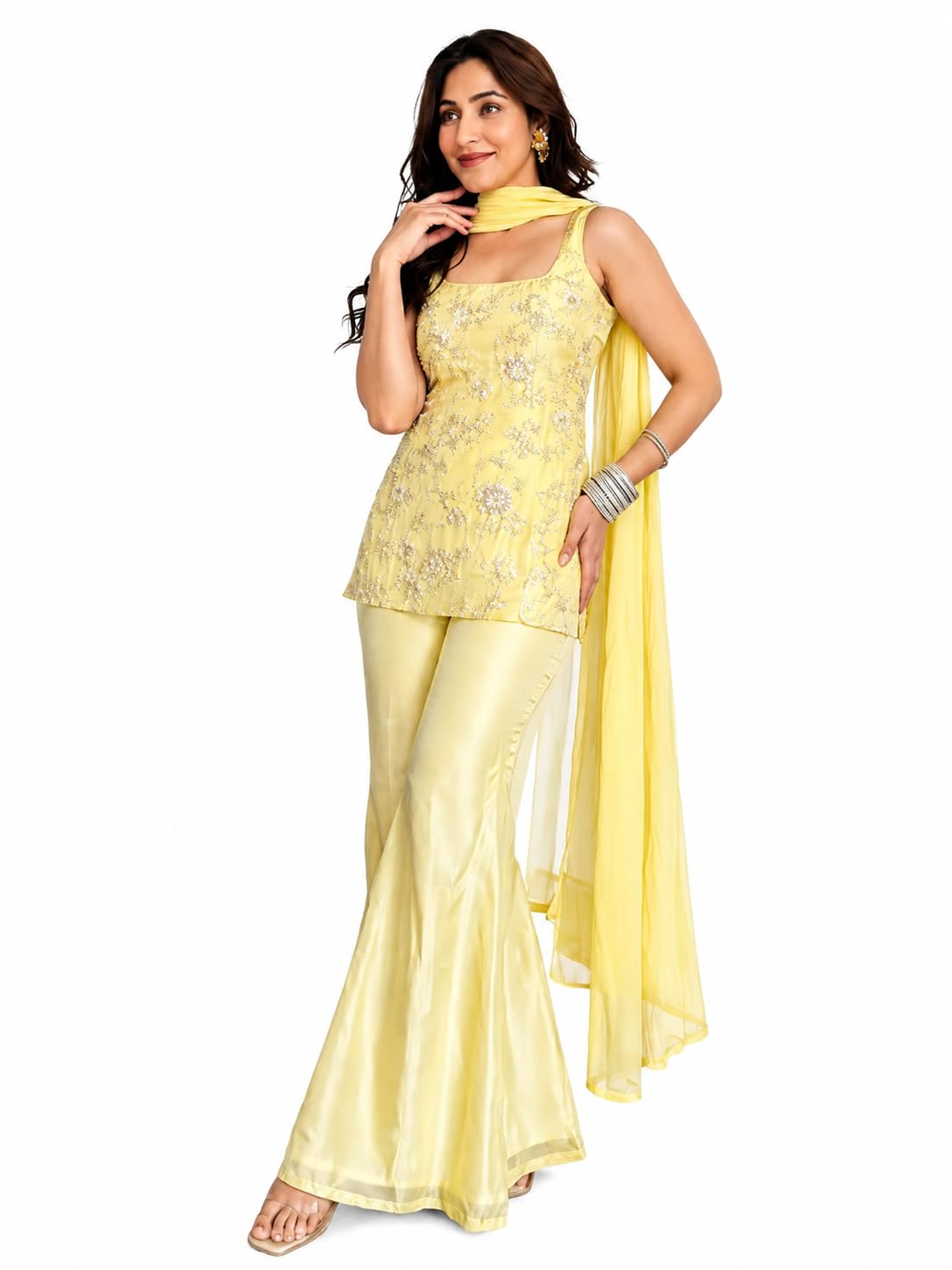 Women's Embroidered Kurta Sharara Dupatta Set | Sleeveless Straight Kurta with Floral Embroidery | Flared Pants | Ethnic Wear Suit Set | Lime Yellow-picture-19
