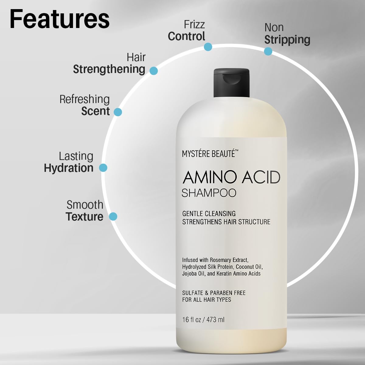 Amino Acid Shampoo, Sulfate Free Amino Acid Shampoo Enriched with Rosemary Extract & Jojoba Oil for Dry and Damaged Hair | Keratin Shampoo with Amino Acids Protein Shampoo for Strength - 16 fl oz