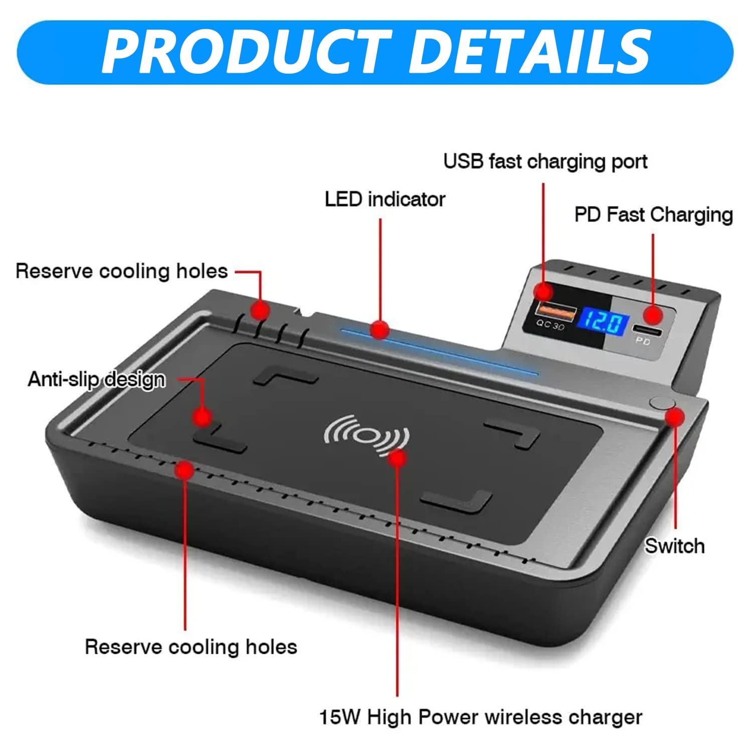 Kabelloses Ladegerät Auto für Ford Explorer Base/XLT/Limited/ST/Platinum/Limited Hybrid 2020-2022, 15W Qi Wireless Schnellladendes Handy-Ladegerät mit QC3.0-USB-Anschluss für iPhone Samsung