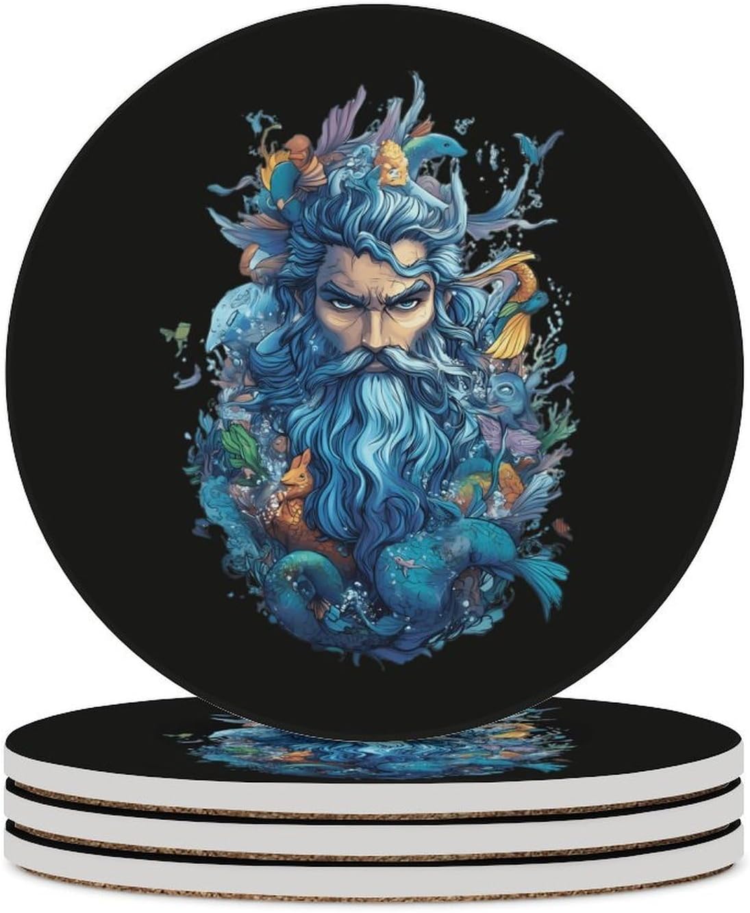 PoseidonGod Round Ceramic Coasters Print Drinks Absorbent with Cork Base for Home Decor Gifts 4 Inch
