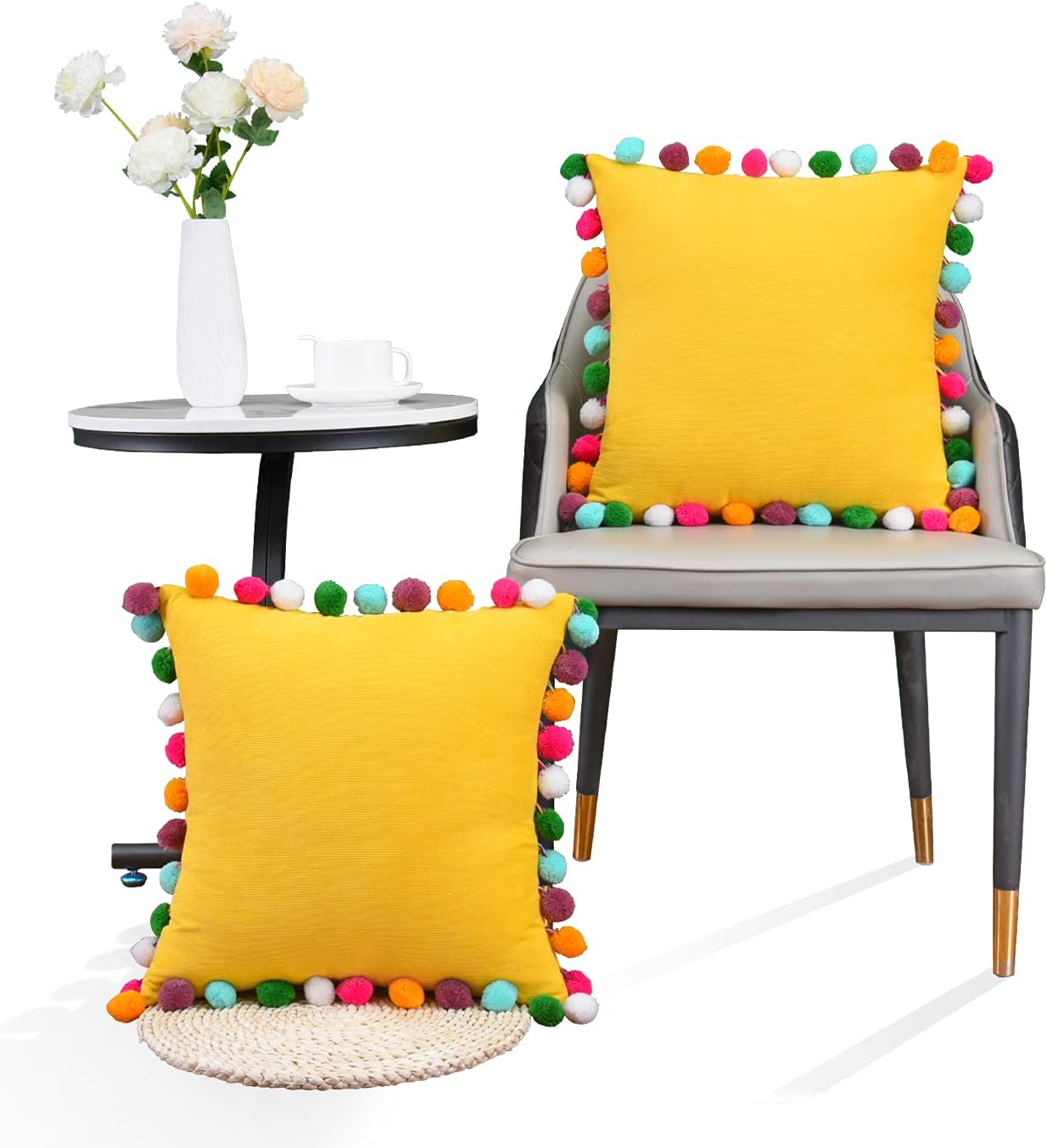 yellow pom pom pillow