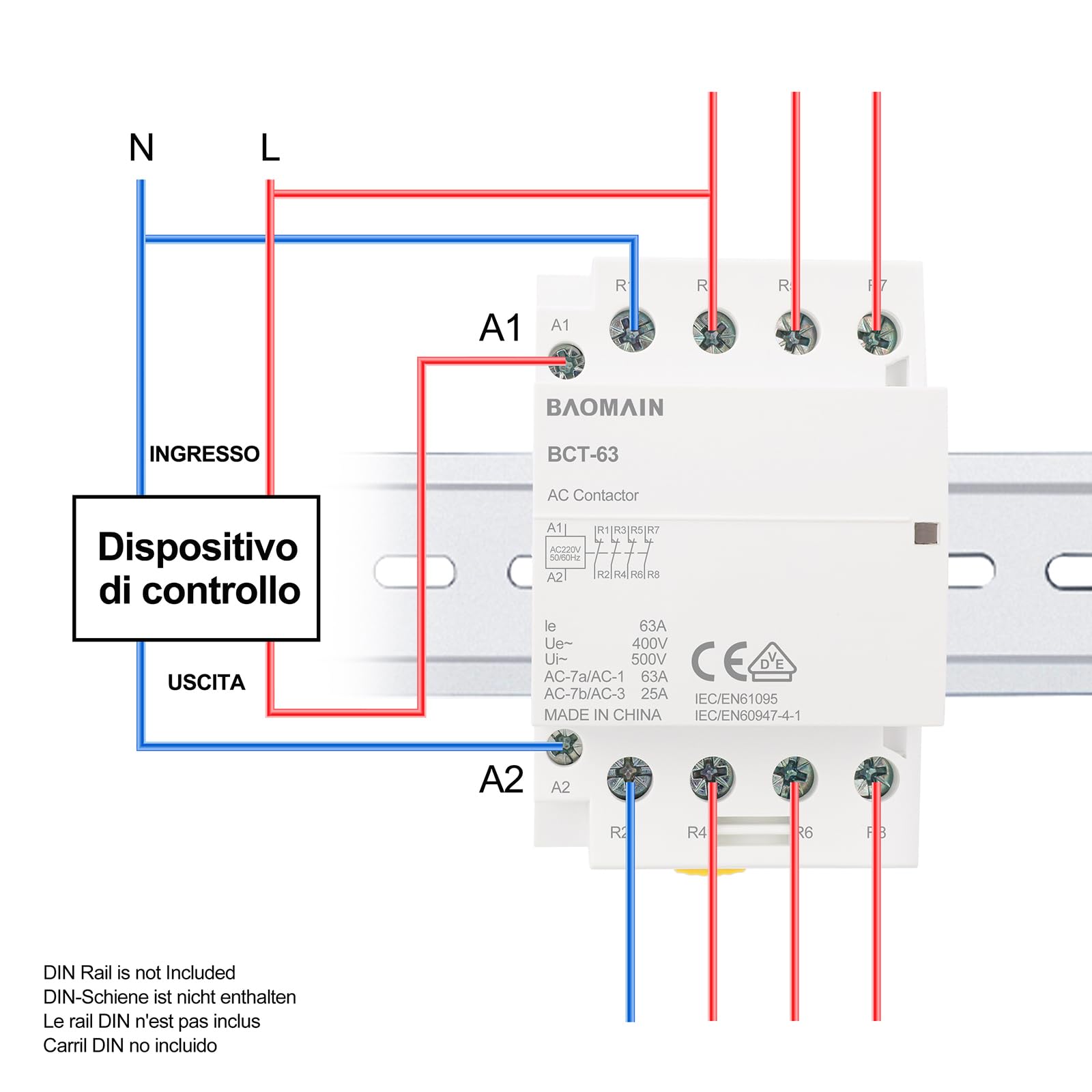 BAOMAIN Installationsschütz 230V 63A 4-polig 4NC (4 Öffner), Brummarmer Hausschütz für 35mm DIN-Schiene, VDE zertifiziert, Lastschütz für Sicherheitsabschaltung, BCT-63