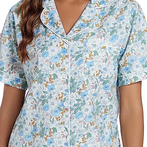 Image of LUBOT 100% Cotton Pajamas for Women 2 Piece PJ Set Poplin Woven Lightweight Ladies Button Short Sleeve Sleepwear S-XXL
