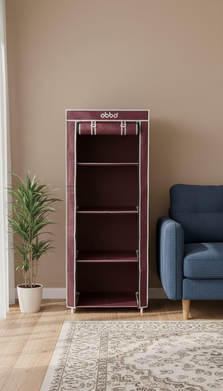 OBBO 4-Layer Single Rack Wardrobe | Portable Foldable Fabric Closet with Steel Frame & Cover | Compact Storage Organizer for Clothes, Toys, Books & Accessories 1