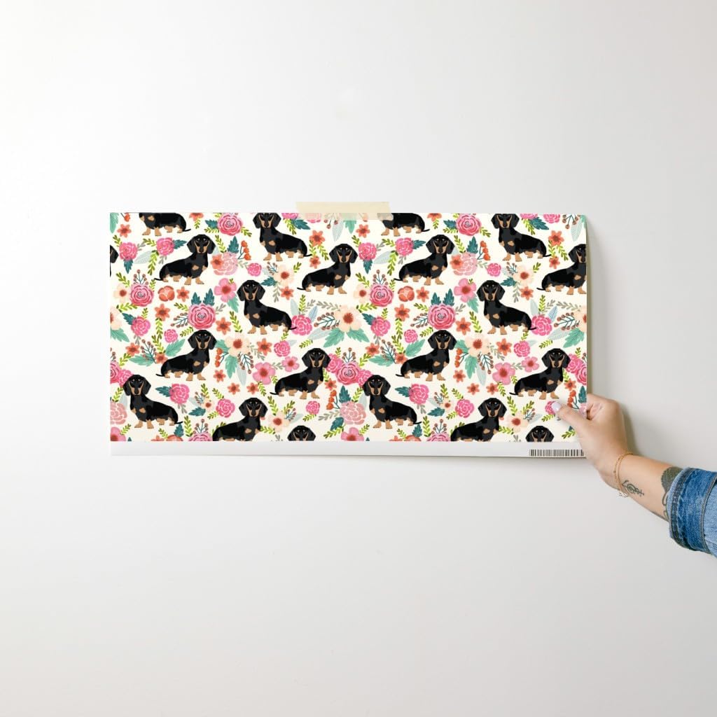 Peel & Stick Wallpaper Swatch - Flowers Florals Dachshund Dachshunds Dog Cute Pet Baby Girls Sweet Weiner Wiener Puppy Lover Animal Custom Removable Wallpaper by Spoonflower