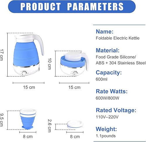 Miniatura 5 de Hervidor eléctrico plegable, hervidor de viaje con 2 tazas plegables, caldera portátil con múltiples ajustes, calentador plegable para agua, leche,