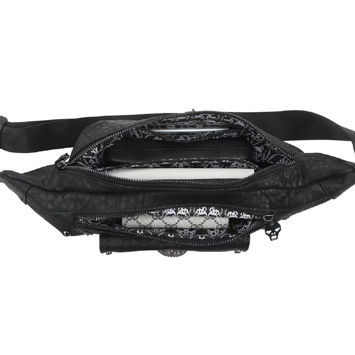 XingChen Marsupio con teschio alla moda in pelle PU Marsupio da donna e uomo marsupio nero con cintura regolabile per rave, festival, viaggi, feste, nero, Taglia unica