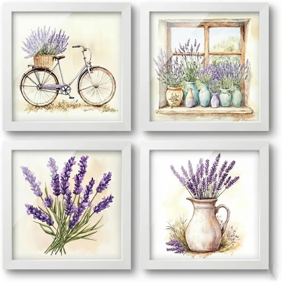 Kit 4 quadros 18x18 cm, banheiro varanda lavanda bike vidro (Branco)