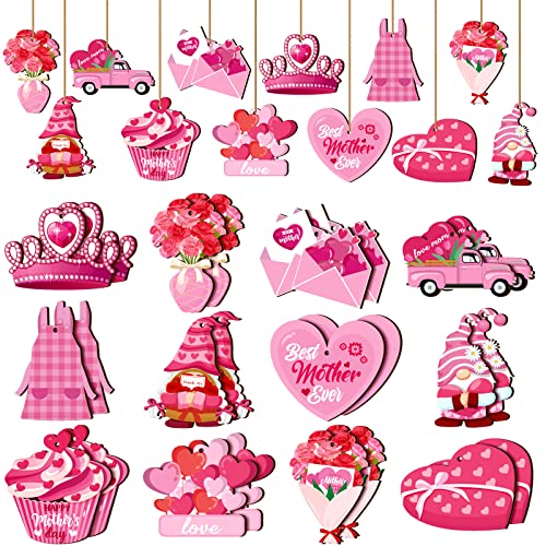 24 Pcs Mother's Day Wooden Hanging Ornaments Mother's Day Decorations Crown Truck Flower Heart Hanging Pendant Wood Decor For Mother's Day Birthday Party Decoration(Mother) #TOP12