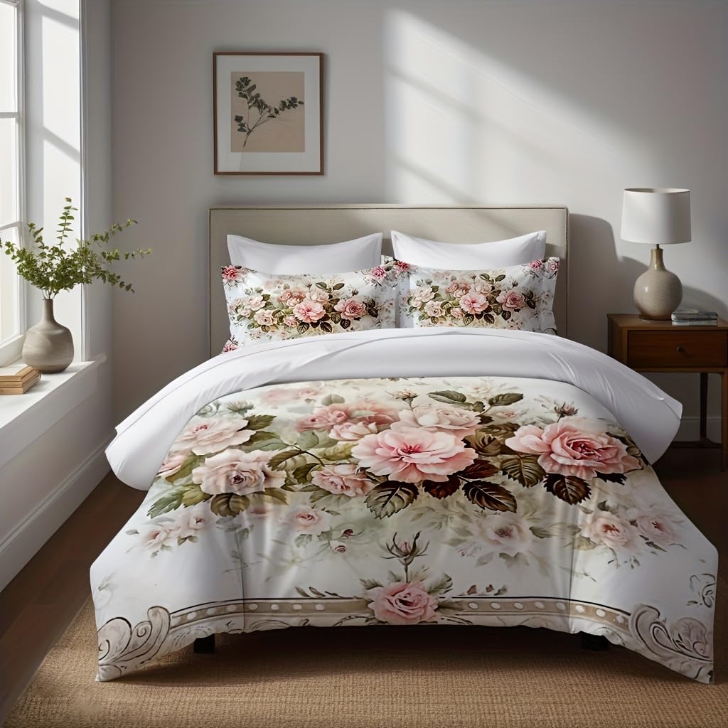 Parure de lit housse de couette imprimé floral rose champêtre 264x228