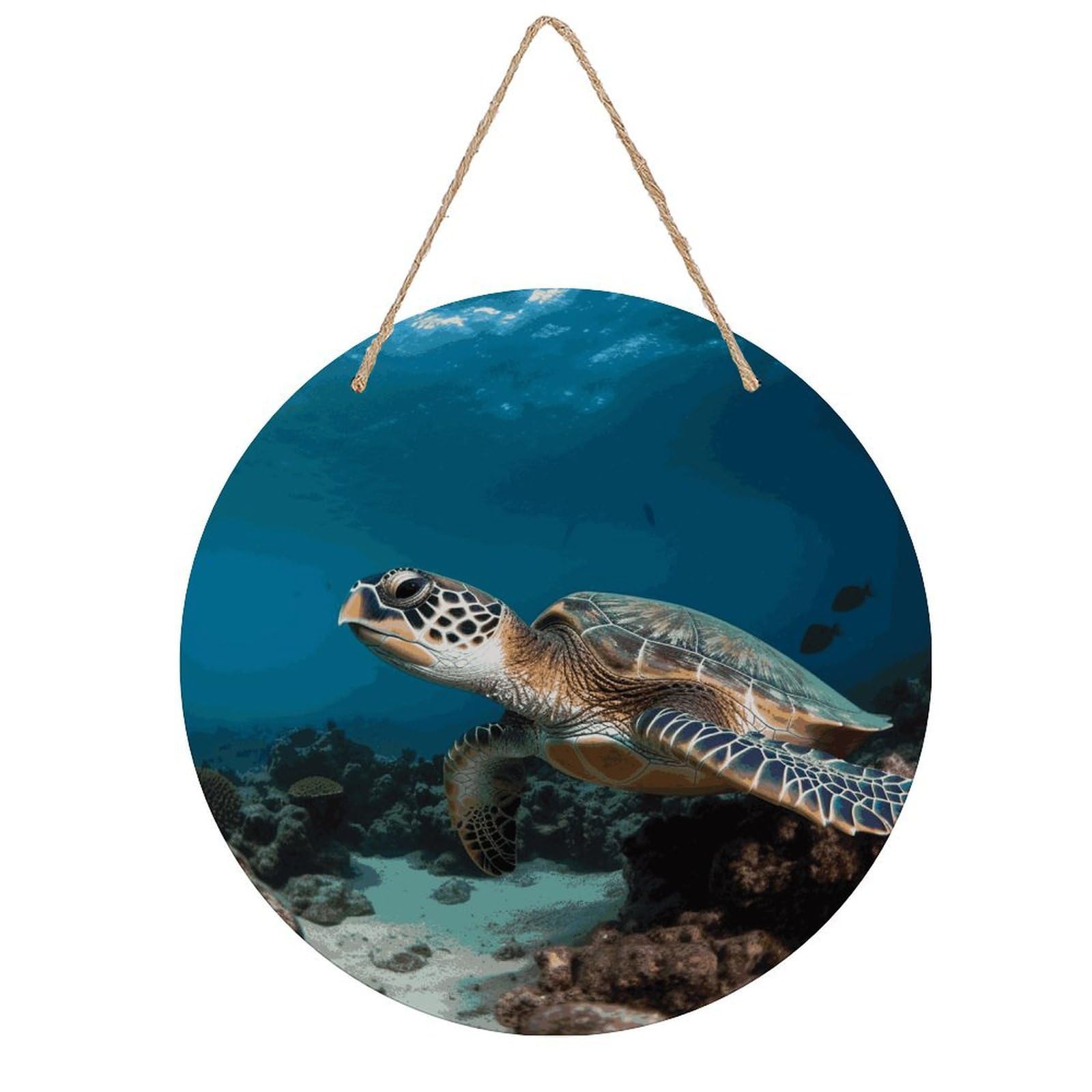 Adfgyerh Style Sea Turtle Room Decor，Round Wooden Board Painting，Wall Art，Easy To Hang，Wall Decor ，Suitable For Homes, Offices, Holidays, Bars, Cafes, And Other Venues.