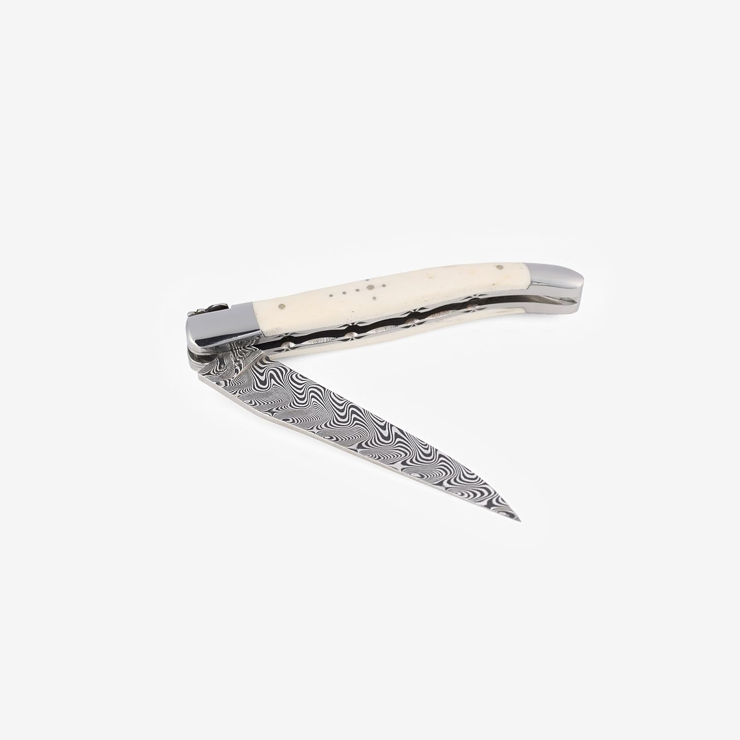 Laguiole en Aubrac Handcrafted Double Plates Folding Pocket Knife, 4.8-in (12cm), Bone Handle, Multilayer Damascus Blade, Stainless Steel Shiny Bolsters