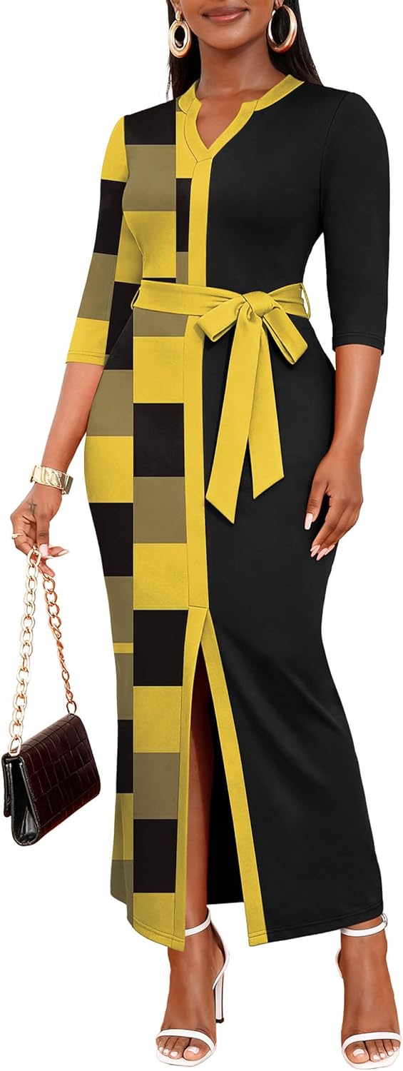Nmoder Maxi Dress for Women Long Church Cocktail Casual Dresses Colorblock Front Split 3/4 Sleeve V Neck Pencil Dress
