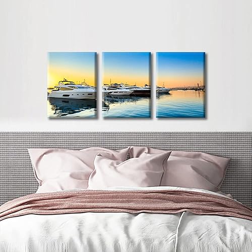 Miniatura 4 de 3 paneles de yates de lujo, impresiones en lienzo de paisaje marino, paisaje marino, pinturas artísticas de pared, barcos a motor, cuadros estirados