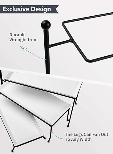 Miniatura 7 de Sweese Soporte para servir de 3 niveles, soporte rectangular plegable de exhibición de alimentos con platos de porcelana blanca, bandejas para