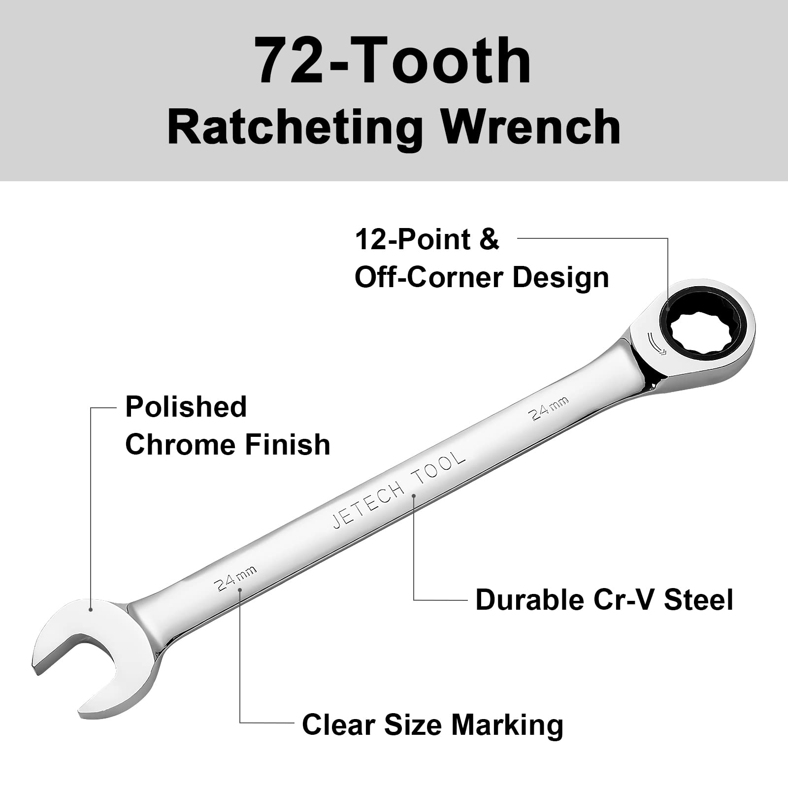 Jetech 24mm Gear Wrench - Metric Industrial Grade Cr-V Steel Ratcheting Combination Wrench, Ratchet Spanner in Polished Chrome Finish - Image 3