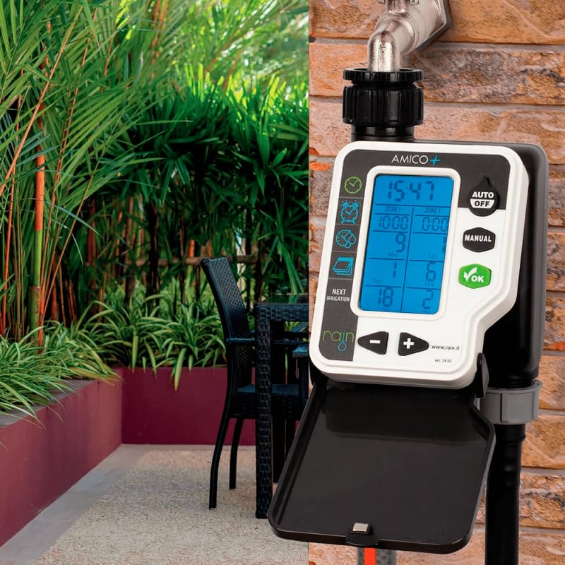 RIEGOPRO Programador de Grifo Rain Amico+. Disponible en 1 y 2 Zonas de Riego. Pantalla retroiluminada de 3" One Look Donde podrás Ver una visión inmediata de la programación. (2 Zonas)