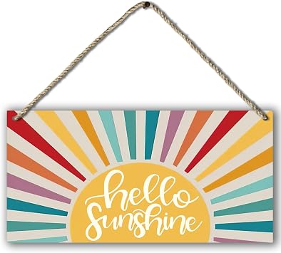 Hello Sunshine Vintage Boho Sun Sunrise Colorful Sunshine Sunray Printed Wood Plaque Sign Wall Hanging,Modern Mid Century Sunshine Hanging Wall Signs for Bohemian Home Room Dorm Decor 12 x 6 Inches