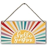 Hello Sunshine Vintage Boho Sun Sunrise Colorful Sunshine Sunray Printed Wood Plaque Sign Wall Hanging,Modern Mid Century Sunshine Hanging Wall Signs for Bohemian Home Room Dorm Decor 12 x 6 Inches